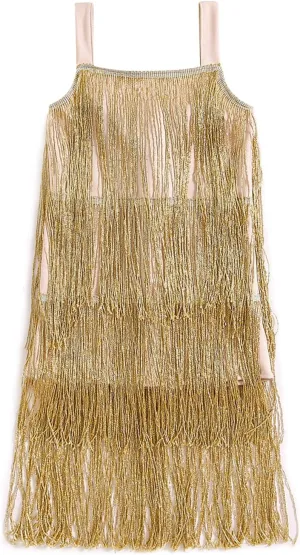Qiylii Kid Girls Sequin Fringe Tassel Dress Sleeveless Dance Twirly Dresses Sparkly Latin Dress Concert Outfit Gift Children