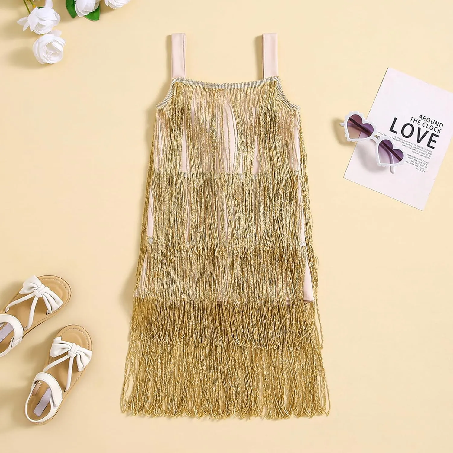 Qiylii Kid Girls Sequin Fringe Tassel Dress Sleeveless Dance Twirly Dresses Sparkly Latin Dress Concert Outfit Gift Children