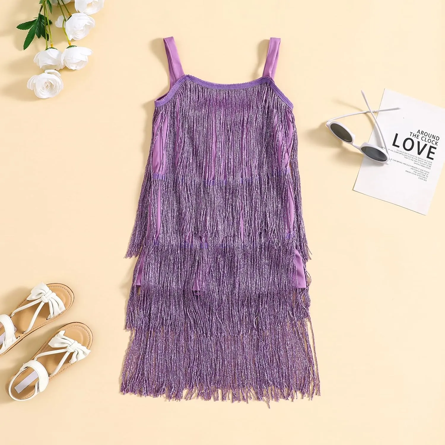Qiylii Kid Girls Sequin Fringe Tassel Dress Sleeveless Dance Twirly Dresses Sparkly Latin Dress Concert Outfit Gift Children