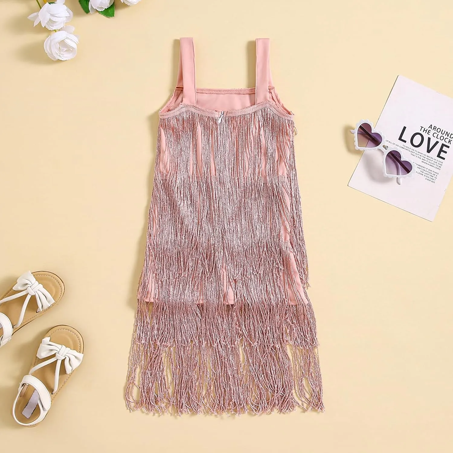 Qiylii Kid Girls Sequin Fringe Tassel Dress Sleeveless Dance Twirly Dresses Sparkly Latin Dress Concert Outfit Gift Children