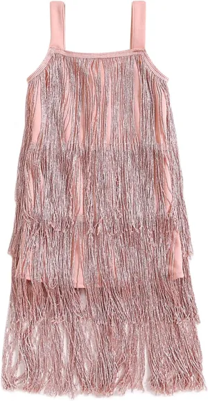 Qiylii Kid Girls Sequin Fringe Tassel Dress Sleeveless Dance Twirly Dresses Sparkly Latin Dress Concert Outfit Gift Children