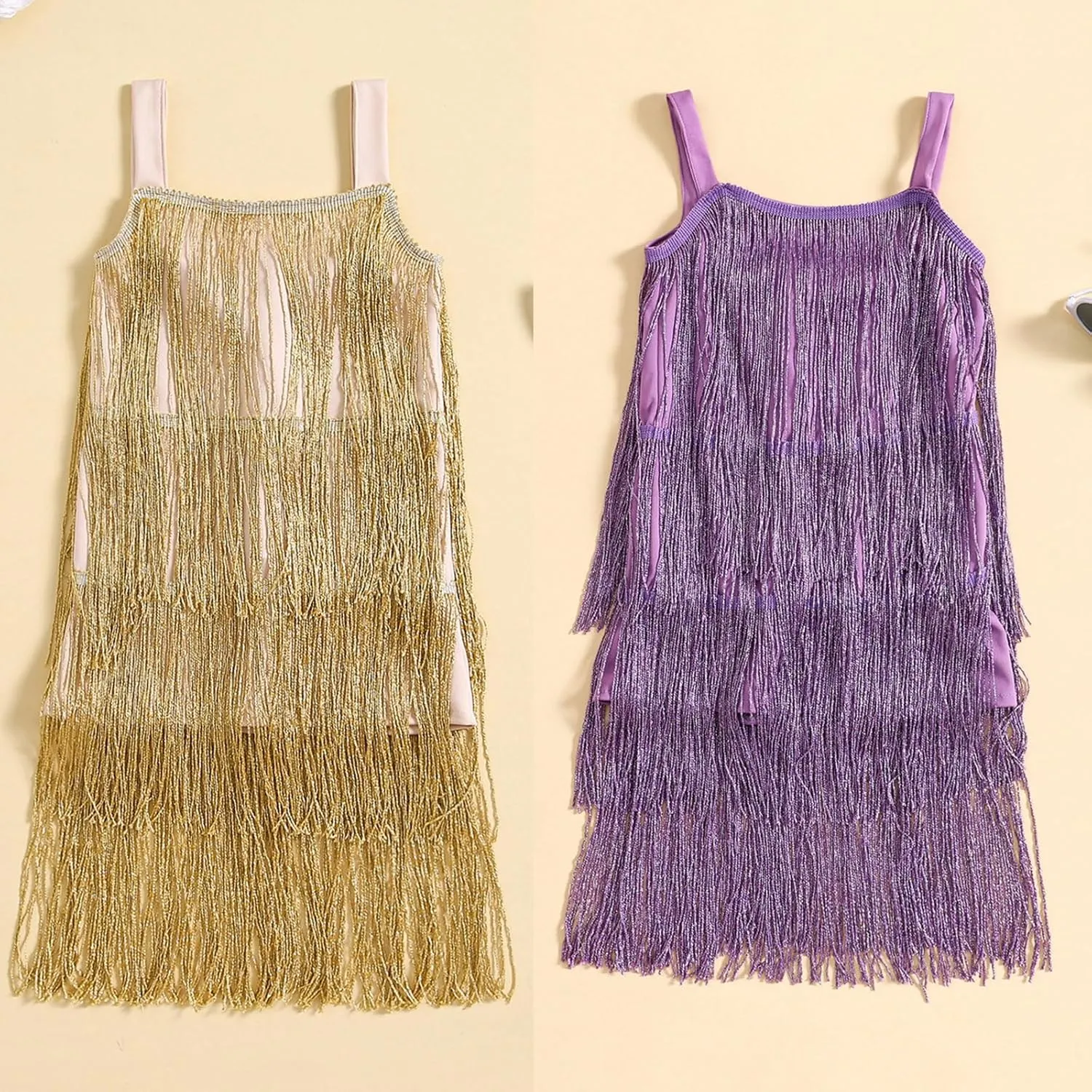 Qiylii Kid Girls Sequin Fringe Tassel Dress Sleeveless Dance Twirly Dresses Sparkly Latin Dress Concert Outfit Gift Children