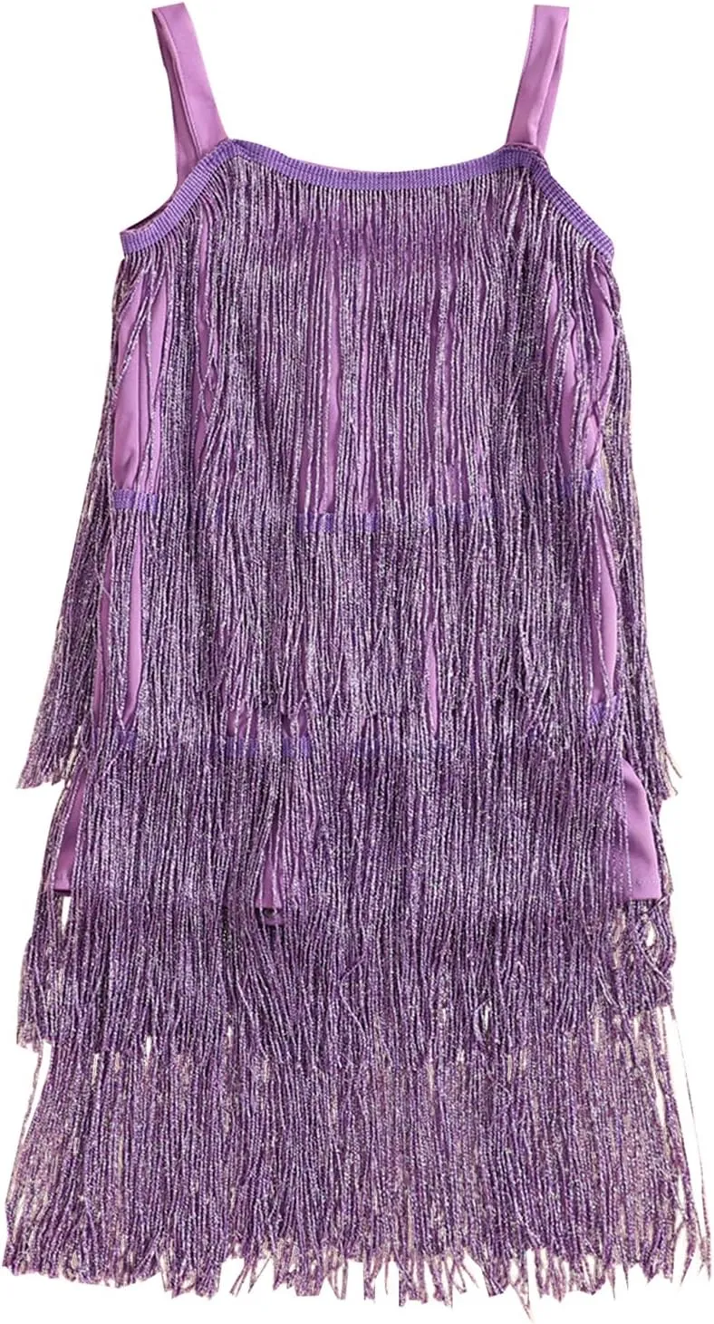 Qiylii Kid Girls Sequin Fringe Tassel Dress Sleeveless Dance Twirly Dresses Sparkly Latin Dress Concert Outfit Gift Children