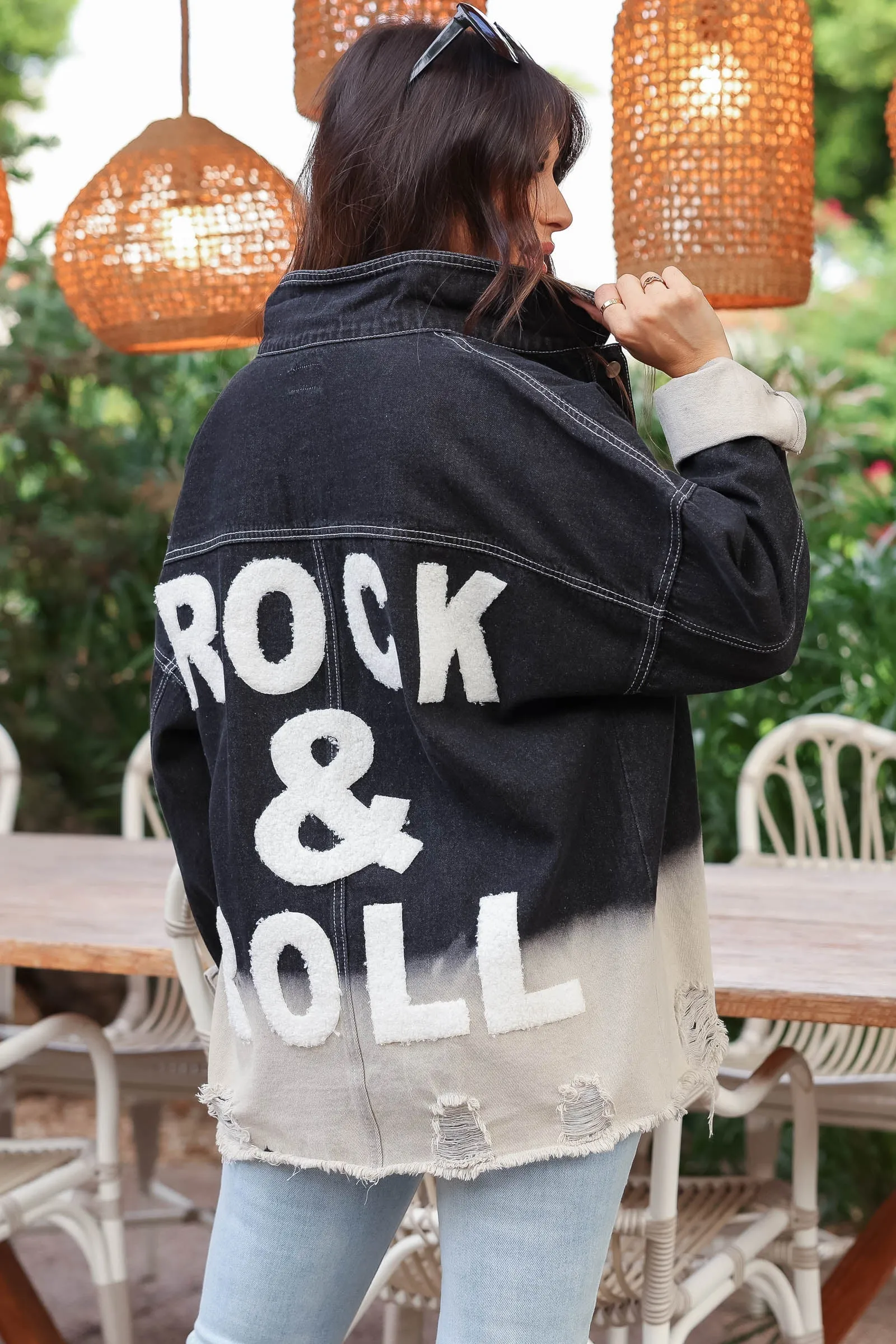 "Rock & Roll" Distressed Denim Jacket - Black