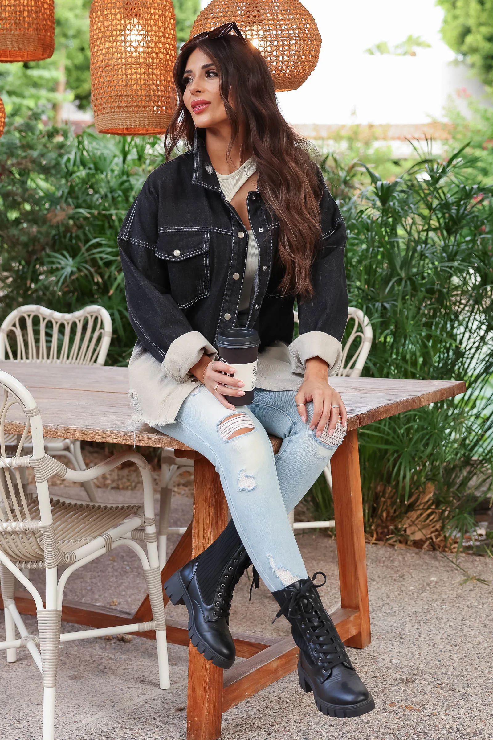 "Rock & Roll" Distressed Denim Jacket - Black