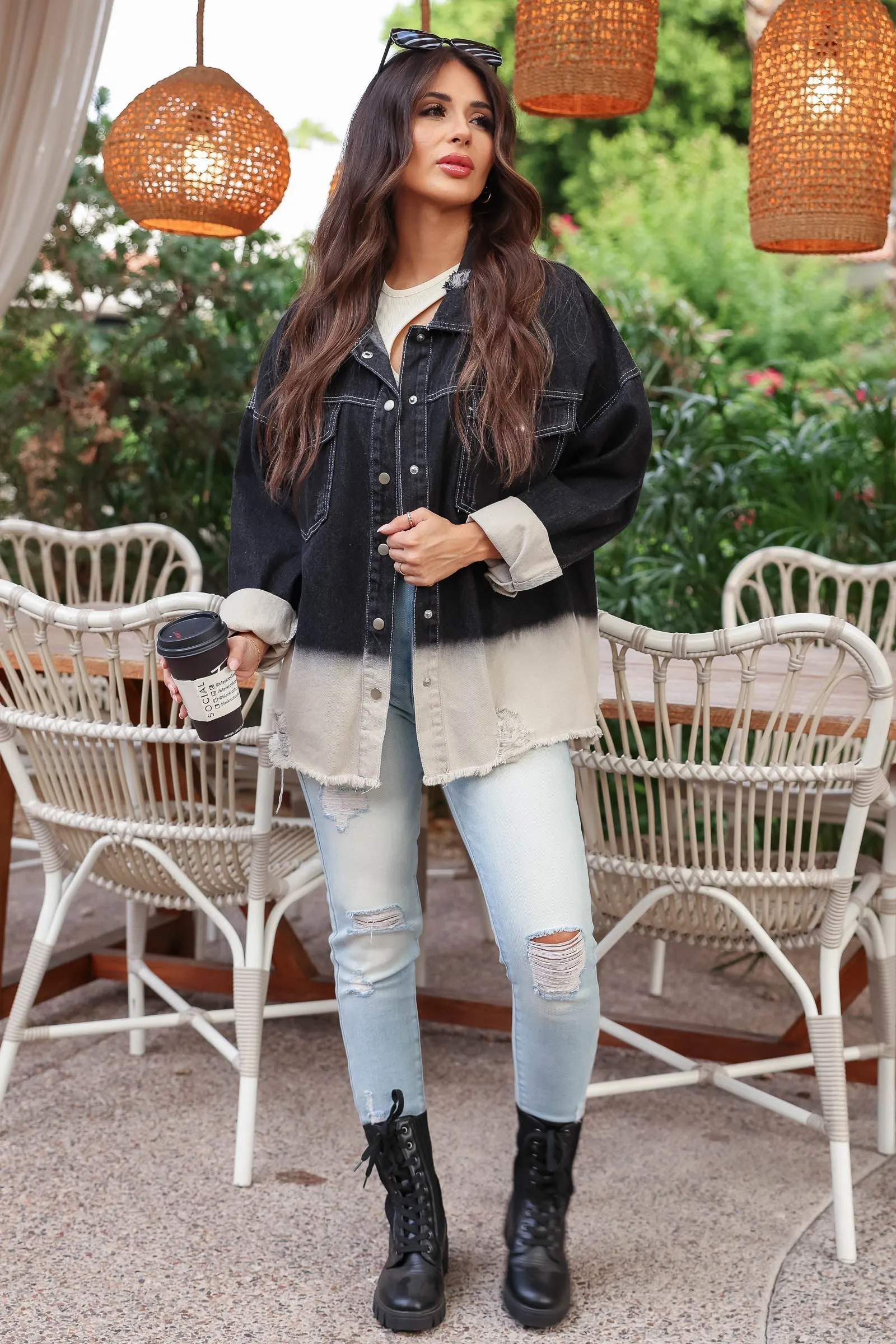 "Rock & Roll" Distressed Denim Jacket - Black