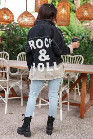 "Rock & Roll" Distressed Denim Jacket - Black