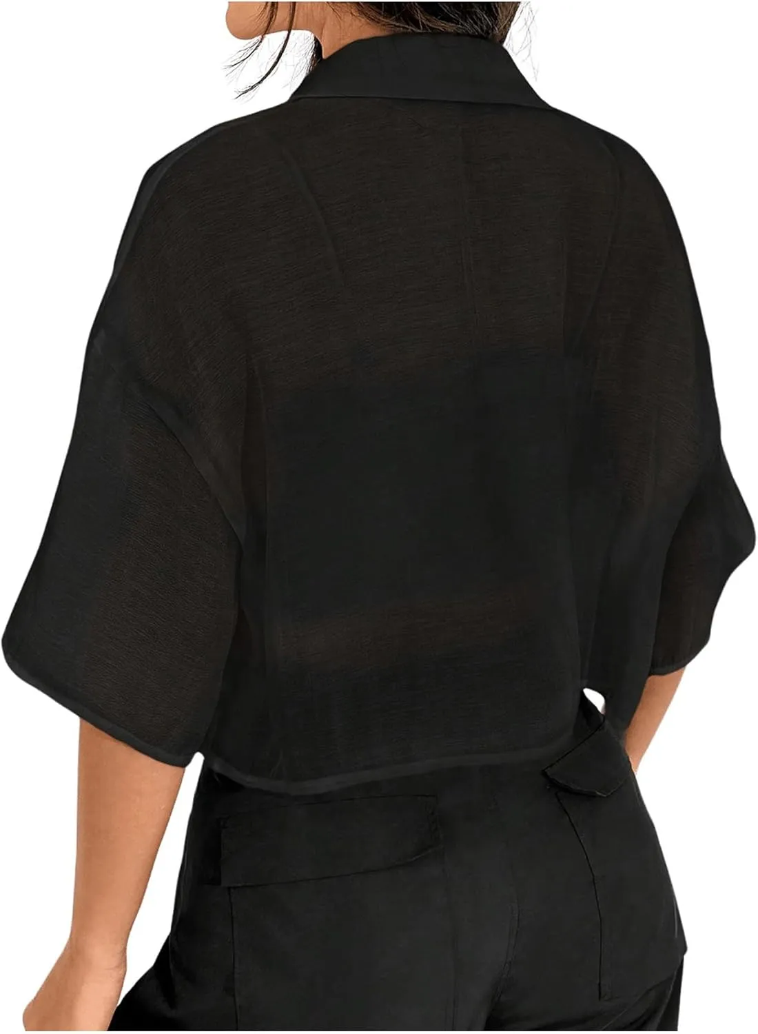 SHENHE Women's Sheer Button Up Blouse Half Sleeve Cropped Loose Button Down Shirt Top