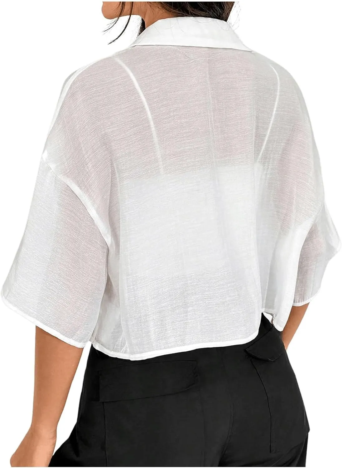 SHENHE Women's Sheer Button Up Blouse Half Sleeve Cropped Loose Button Down Shirt Top