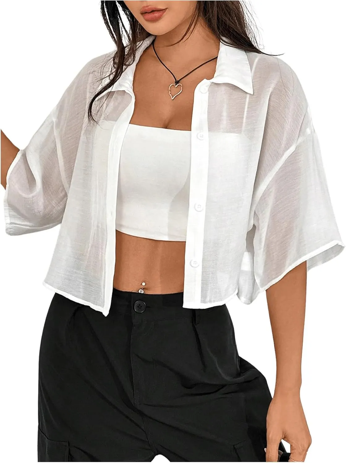 SHENHE Women's Sheer Button Up Blouse Half Sleeve Cropped Loose Button Down Shirt Top