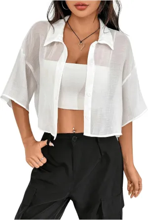SHENHE Women's Sheer Button Up Blouse Half Sleeve Cropped Loose Button Down Shirt Top