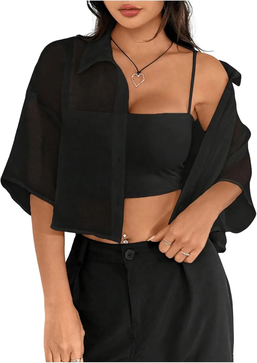 SHENHE Women's Sheer Button Up Blouse Half Sleeve Cropped Loose Button Down Shirt Top