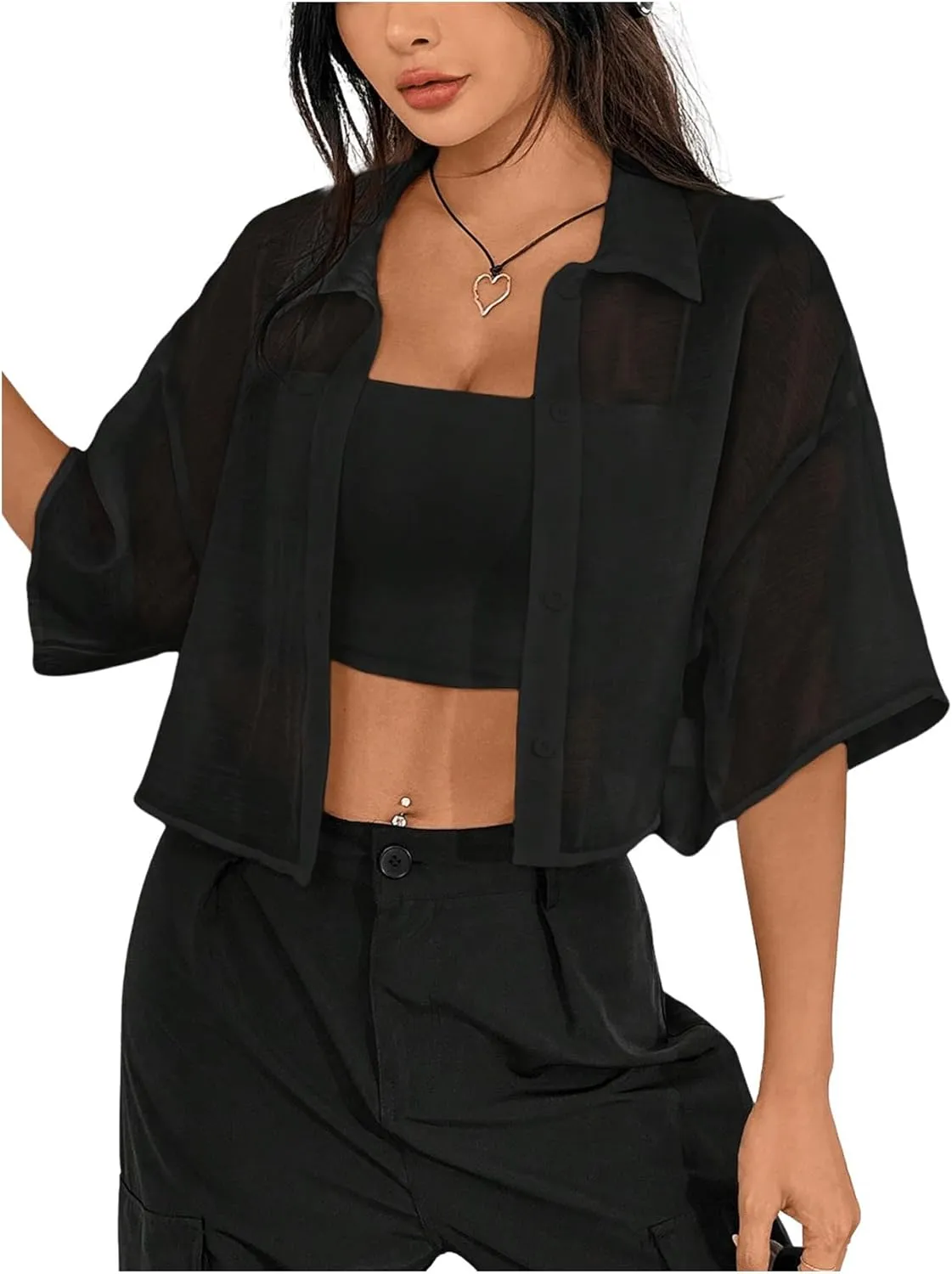 SHENHE Women's Sheer Button Up Blouse Half Sleeve Cropped Loose Button Down Shirt Top