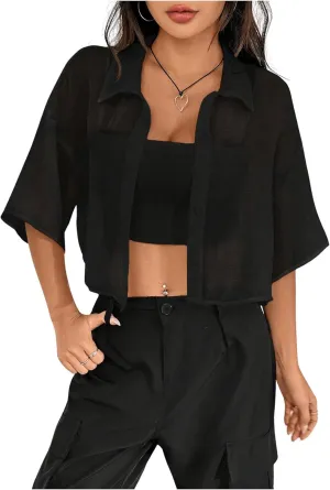 SHENHE Women's Sheer Button Up Blouse Half Sleeve Cropped Loose Button Down Shirt Top