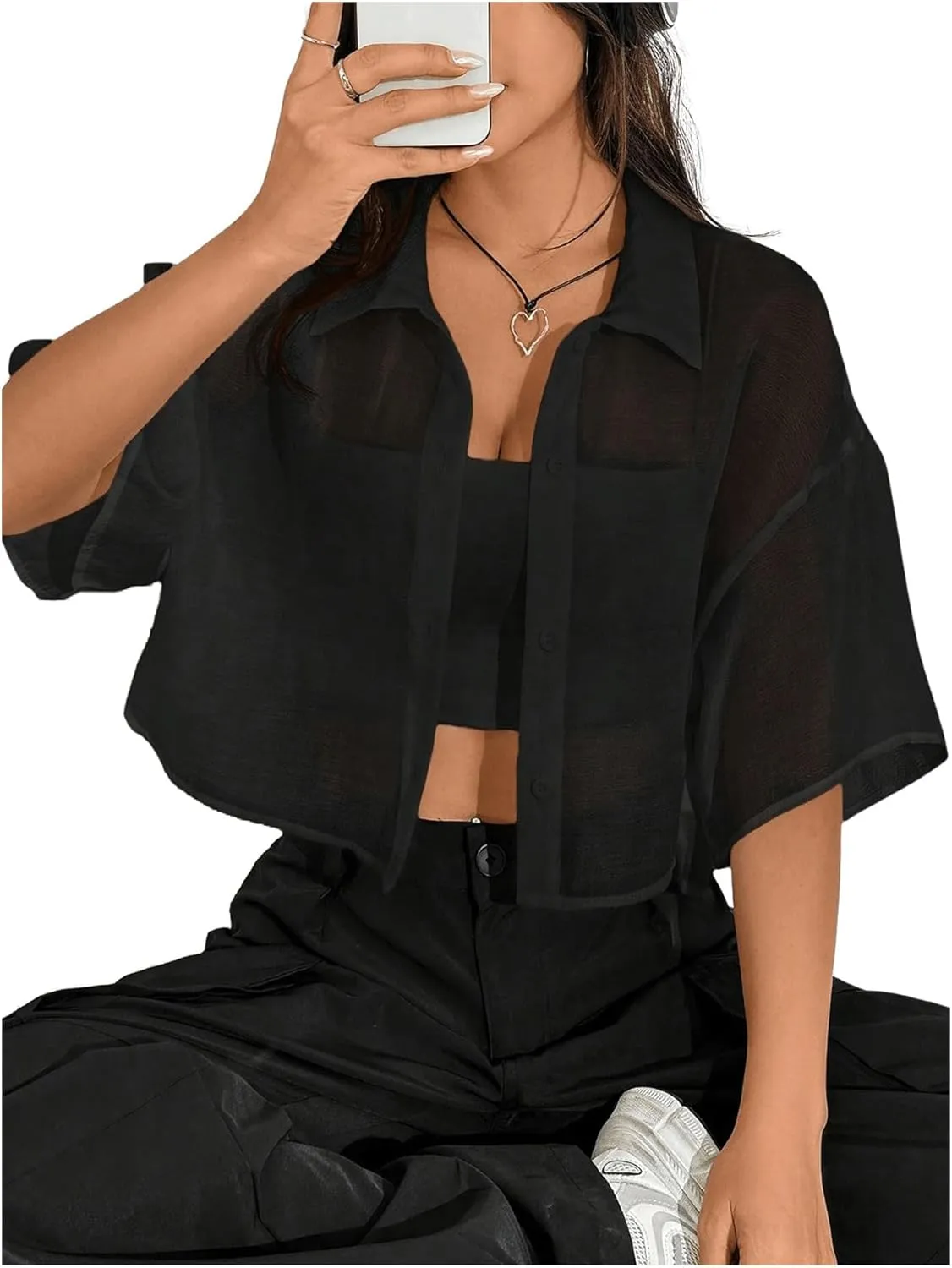 SHENHE Women's Sheer Button Up Blouse Half Sleeve Cropped Loose Button Down Shirt Top