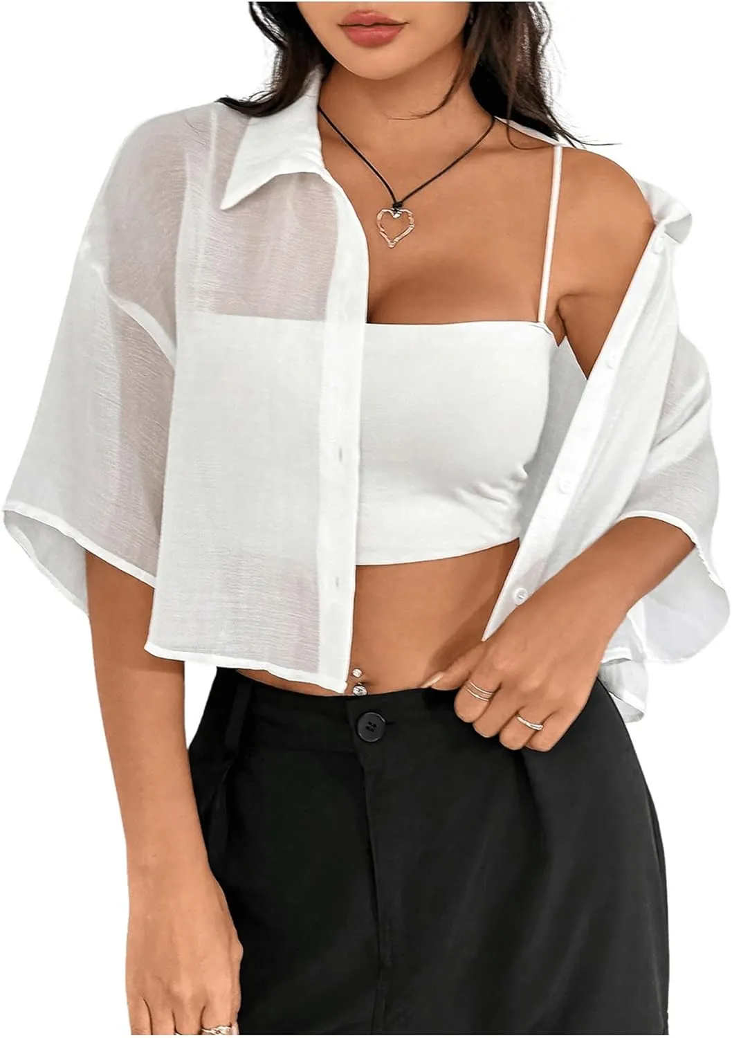 SHENHE Women's Sheer Button Up Blouse Half Sleeve Cropped Loose Button Down Shirt Top