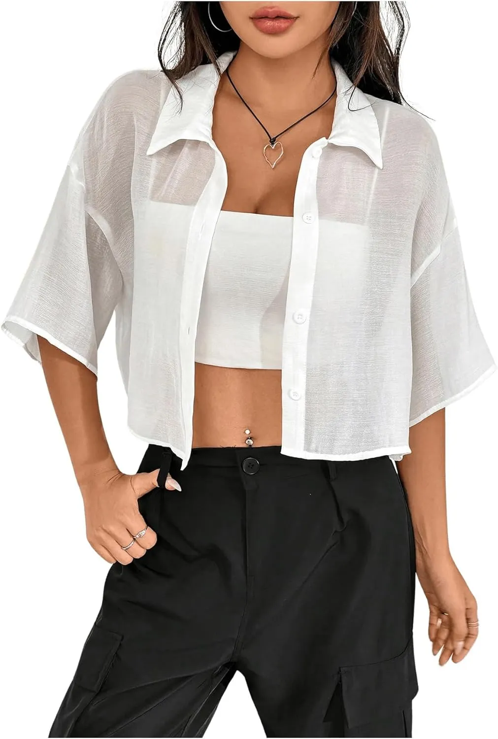 SHENHE Women's Sheer Button Up Blouse Half Sleeve Cropped Loose Button Down Shirt Top
