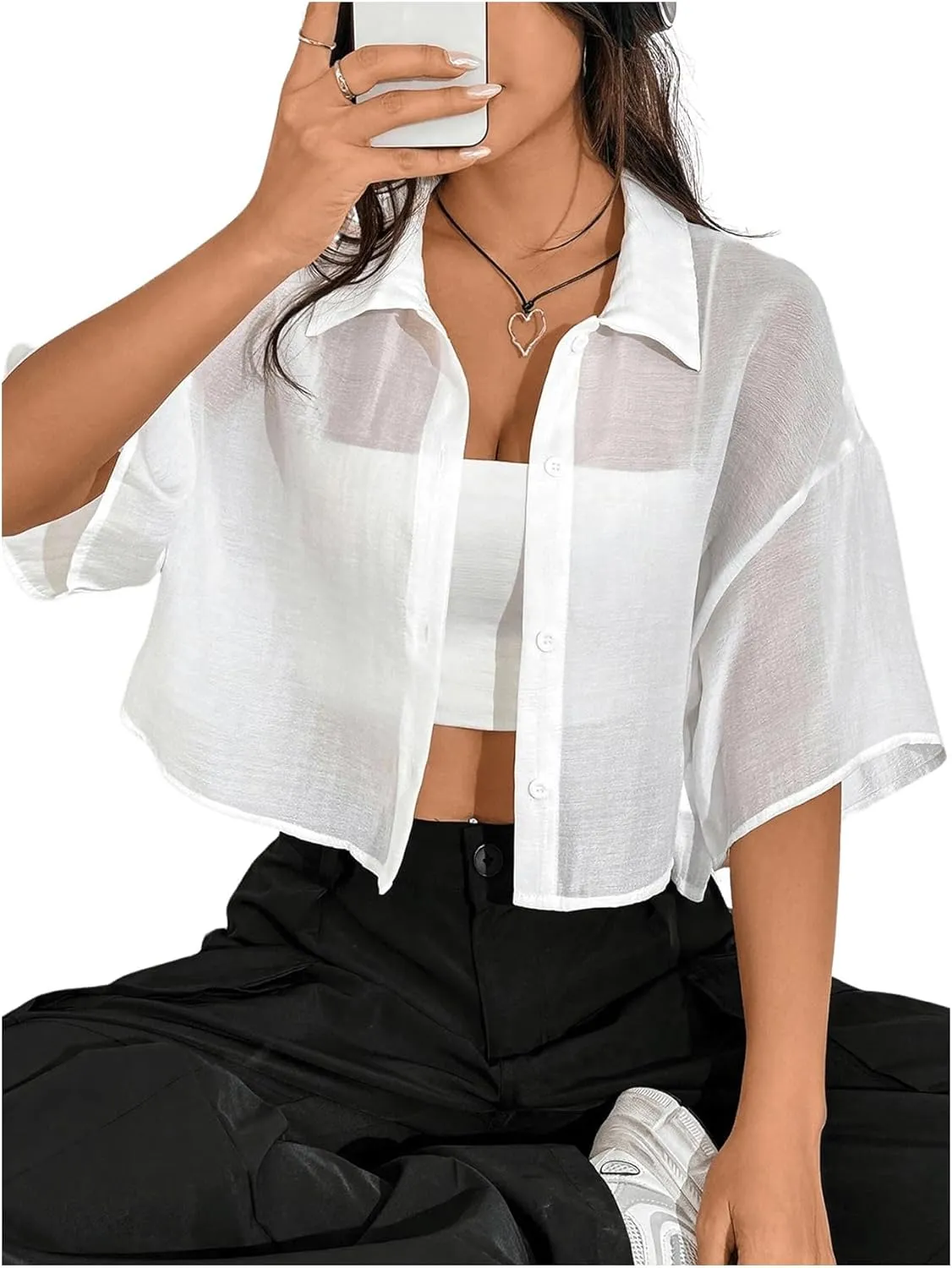 SHENHE Women's Sheer Button Up Blouse Half Sleeve Cropped Loose Button Down Shirt Top