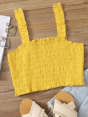 Shirred Frill Trim Solid Crop Top