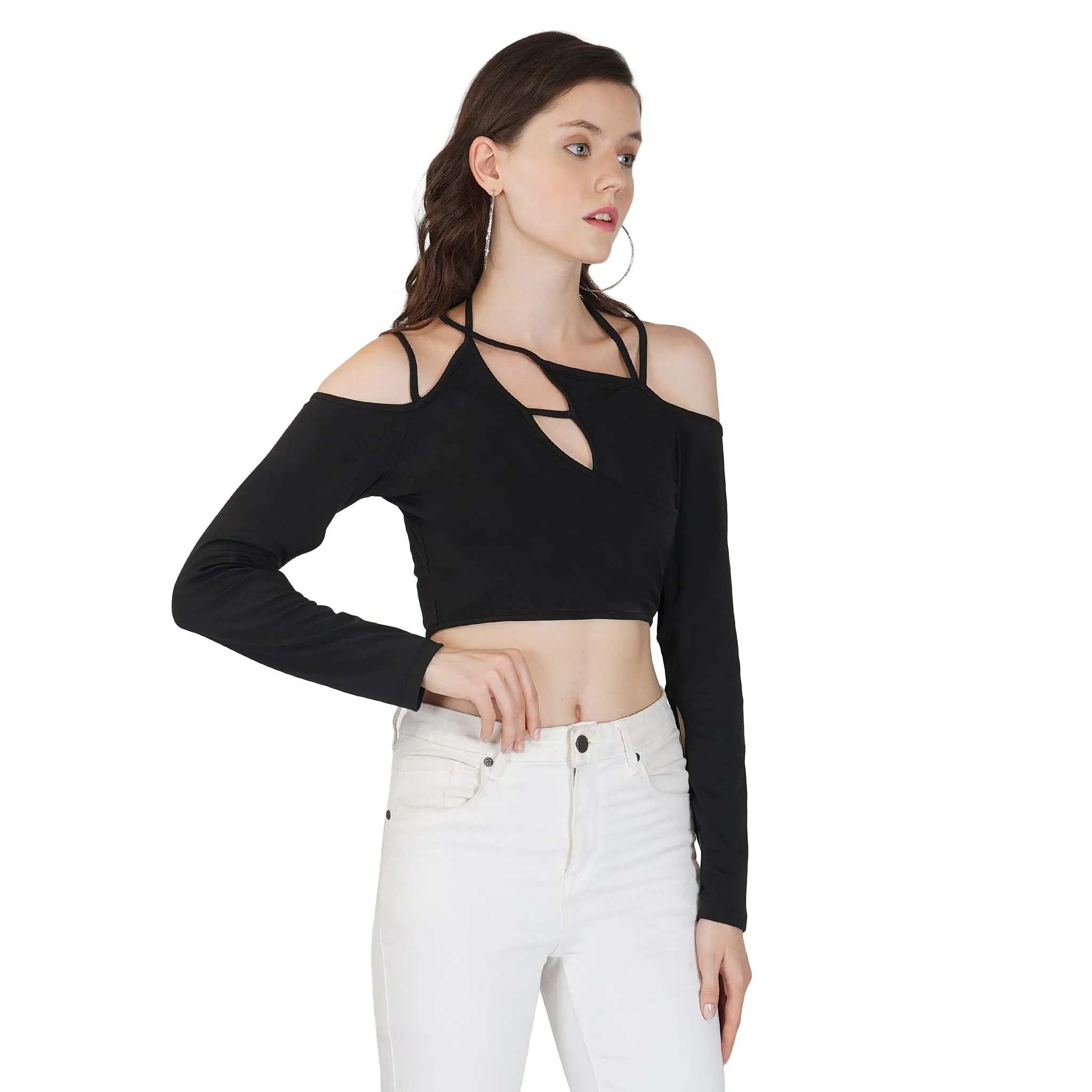 SLAY. Women's Cutout Long Sleeve Asymmetrical Crop Top Black