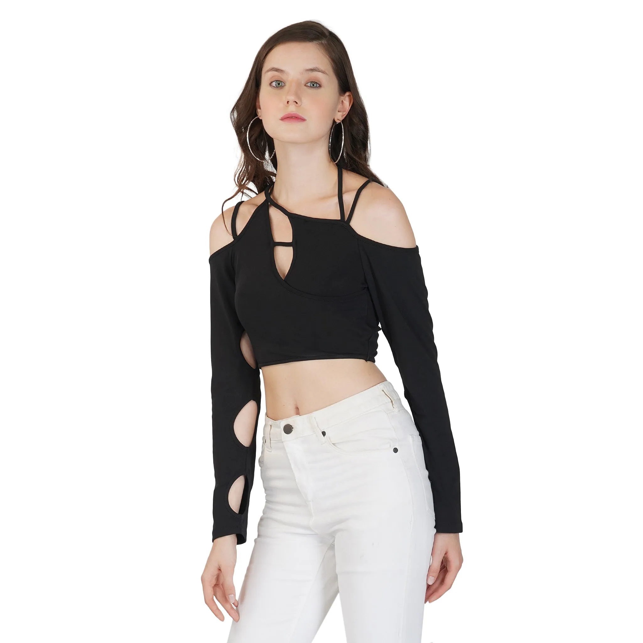SLAY. Women's Cutout Long Sleeve Asymmetrical Crop Top Black