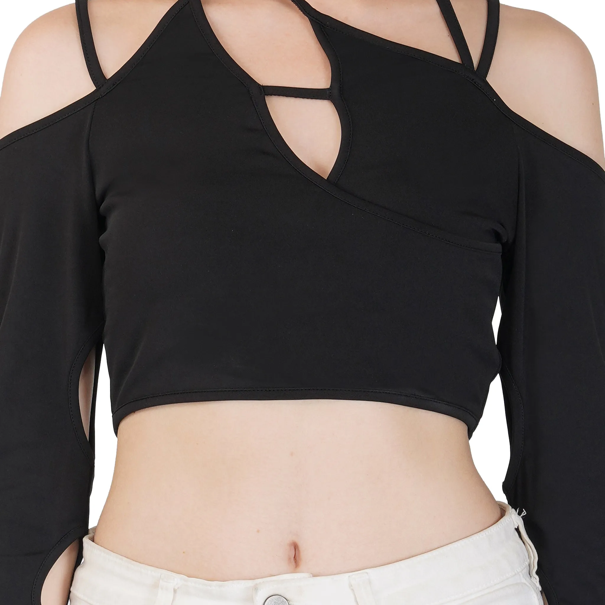 SLAY. Women's Cutout Long Sleeve Asymmetrical Crop Top Black