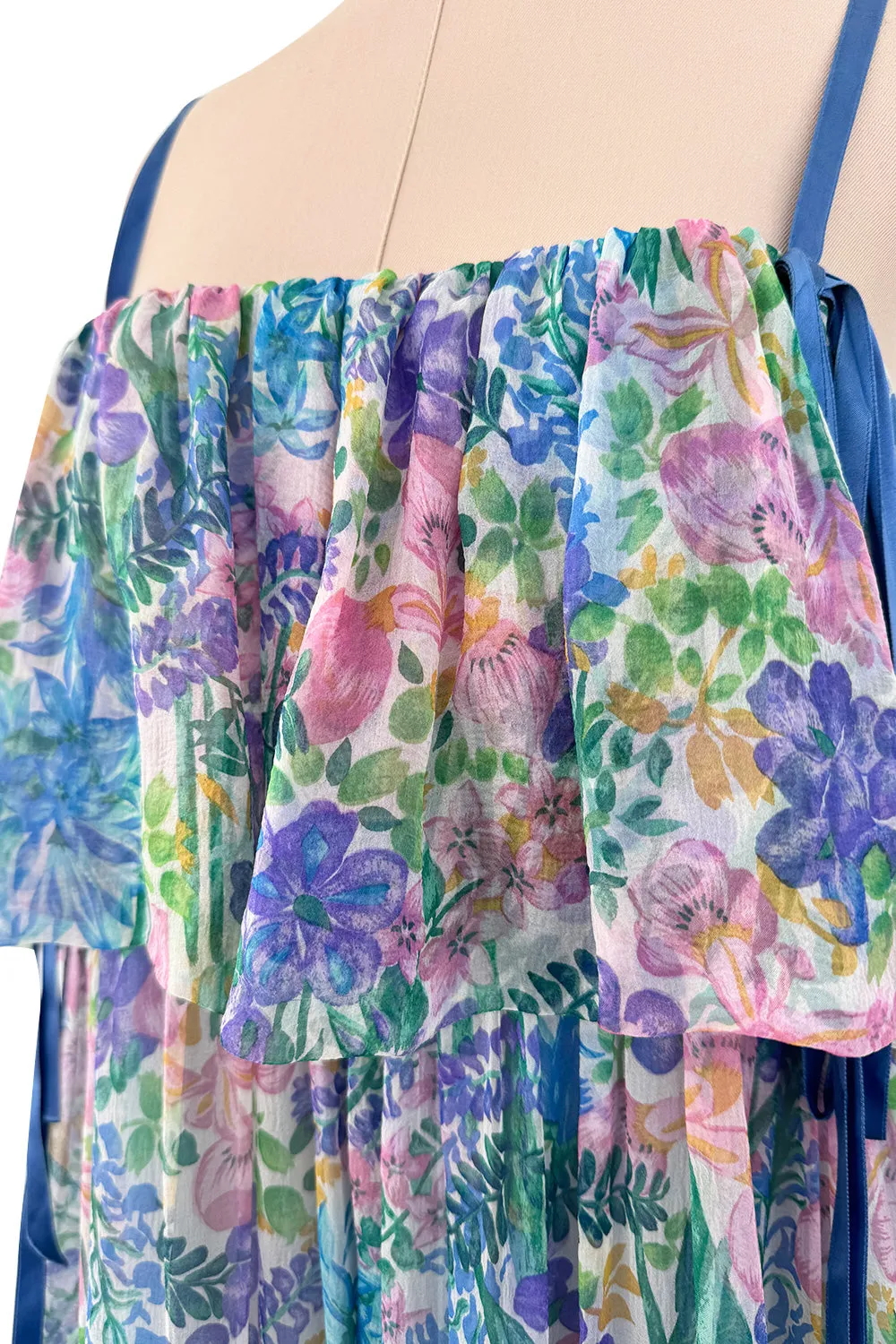 Spectacular Spring 1978 Christian Dior by Marc Bohan Blue Floral Silk Chiffon Dress w Ribbon Straps
