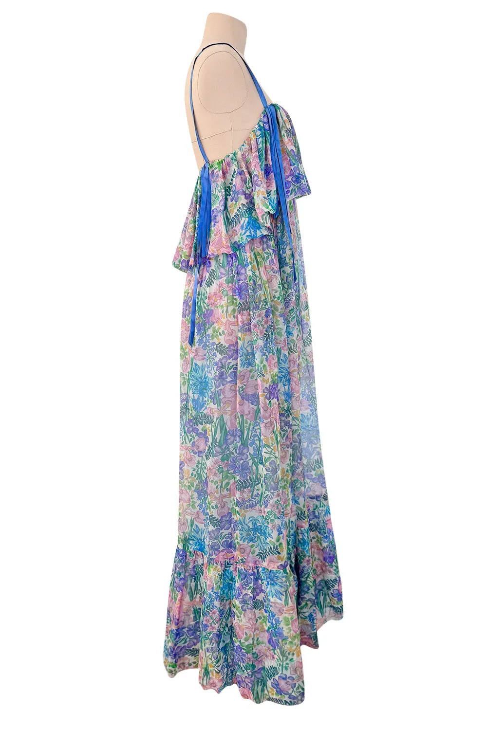 Spectacular Spring 1978 Christian Dior by Marc Bohan Blue Floral Silk Chiffon Dress w Ribbon Straps