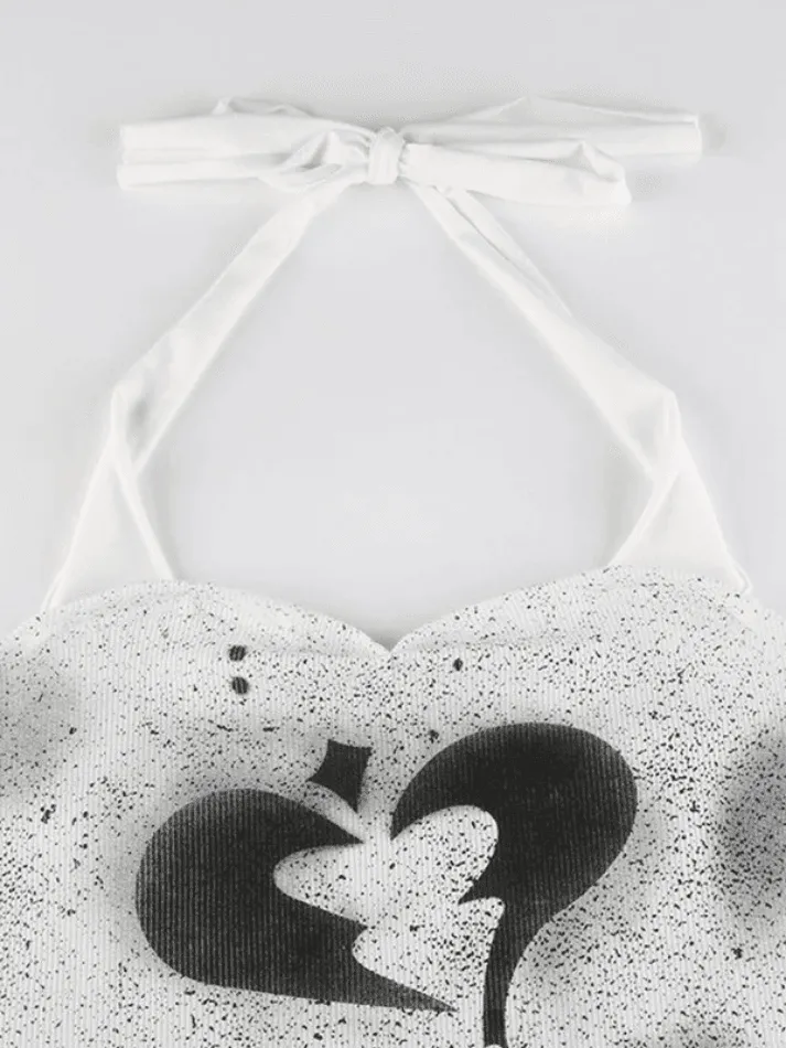 Splash Heart Halter Ribbed Cropped Tank Top