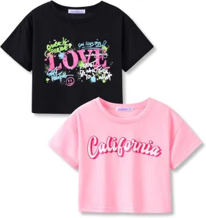Stylish Graffiti/Butterfly Graphic Crop Top for Girls -Cool Summer T-Shirt Soft Colorful 2-Pack Tees Size 6-18