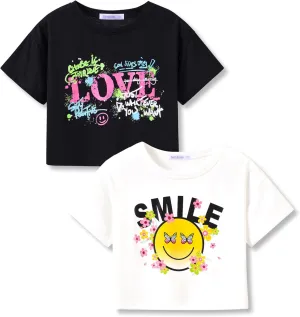 Stylish Graffiti/Butterfly Graphic Crop Top for Girls -Cool Summer T-Shirt Soft Colorful 2-Pack Tees Size 6-18