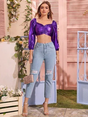 Sweetheart Neck Ruched Metallic Crop Top