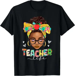 Teacher Life Messy Bun Afro African American Back To School T-Shirt