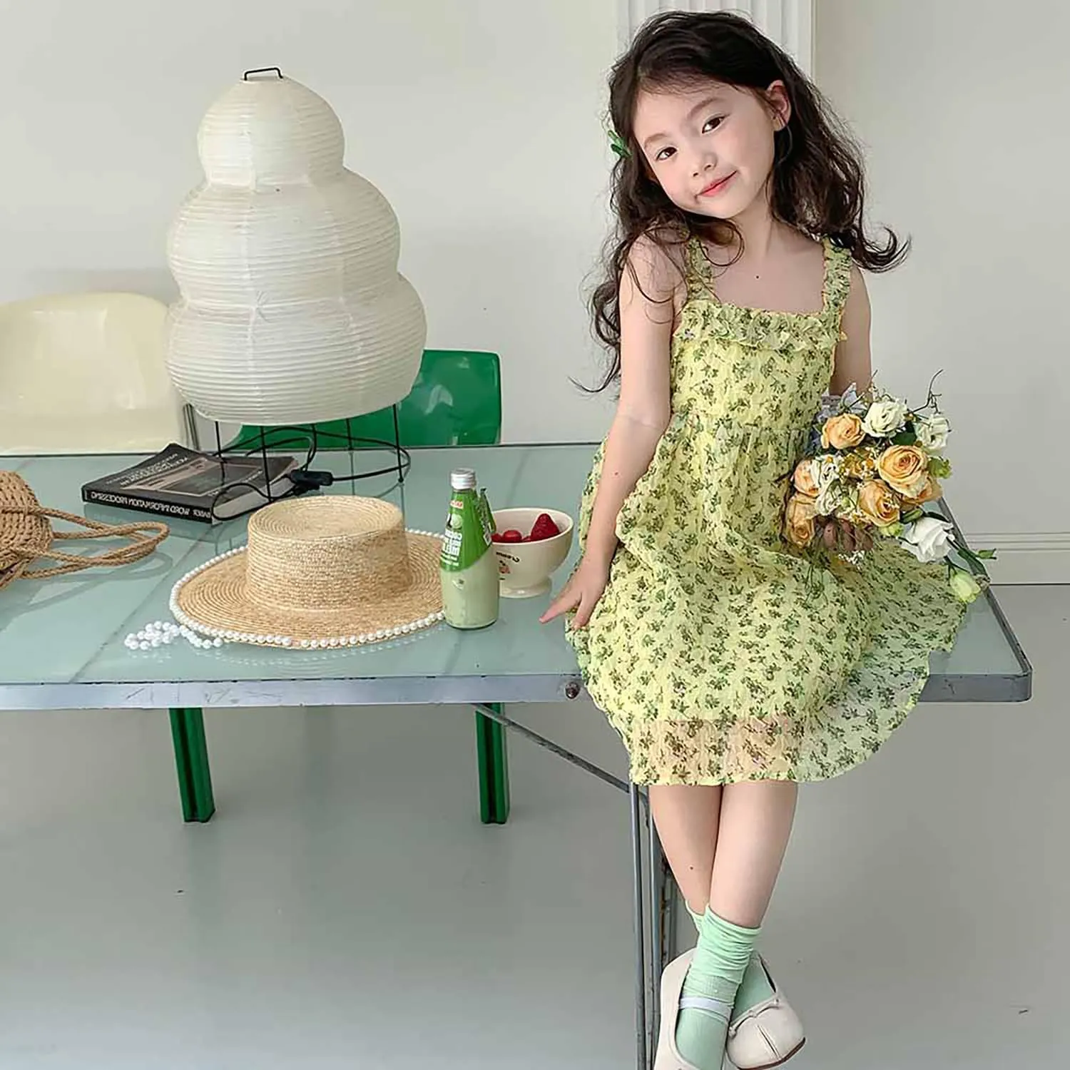 Toddler Girls Summer Dress Halter Spaghetti Strap Floral Print Chiffon Sundress Size 1-6T