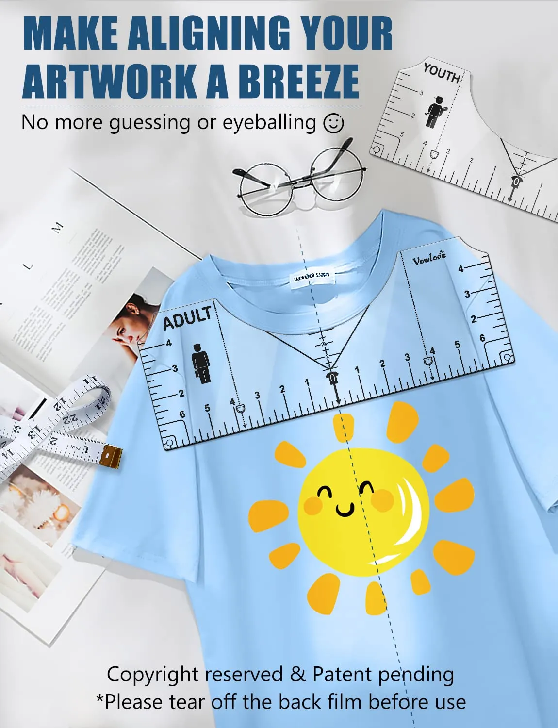 Tshirt Ruler Guide Vinyl Alignment, Shirt Measurement Tool Placement Center Desgins DTF Template Left Chest Logo Pocket, Accessories for Cricut Heat Press Sublimation Iron on HTV Heat Transfer Vinyl