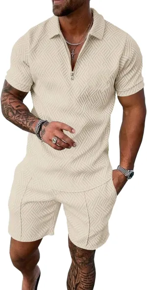 UOUA Mens Summer Track Suits 2 Piece Shorts Sets Short Sleeve Sweatsuit Outfits 1/4 Zip Golf Polo Shirts Loungewear