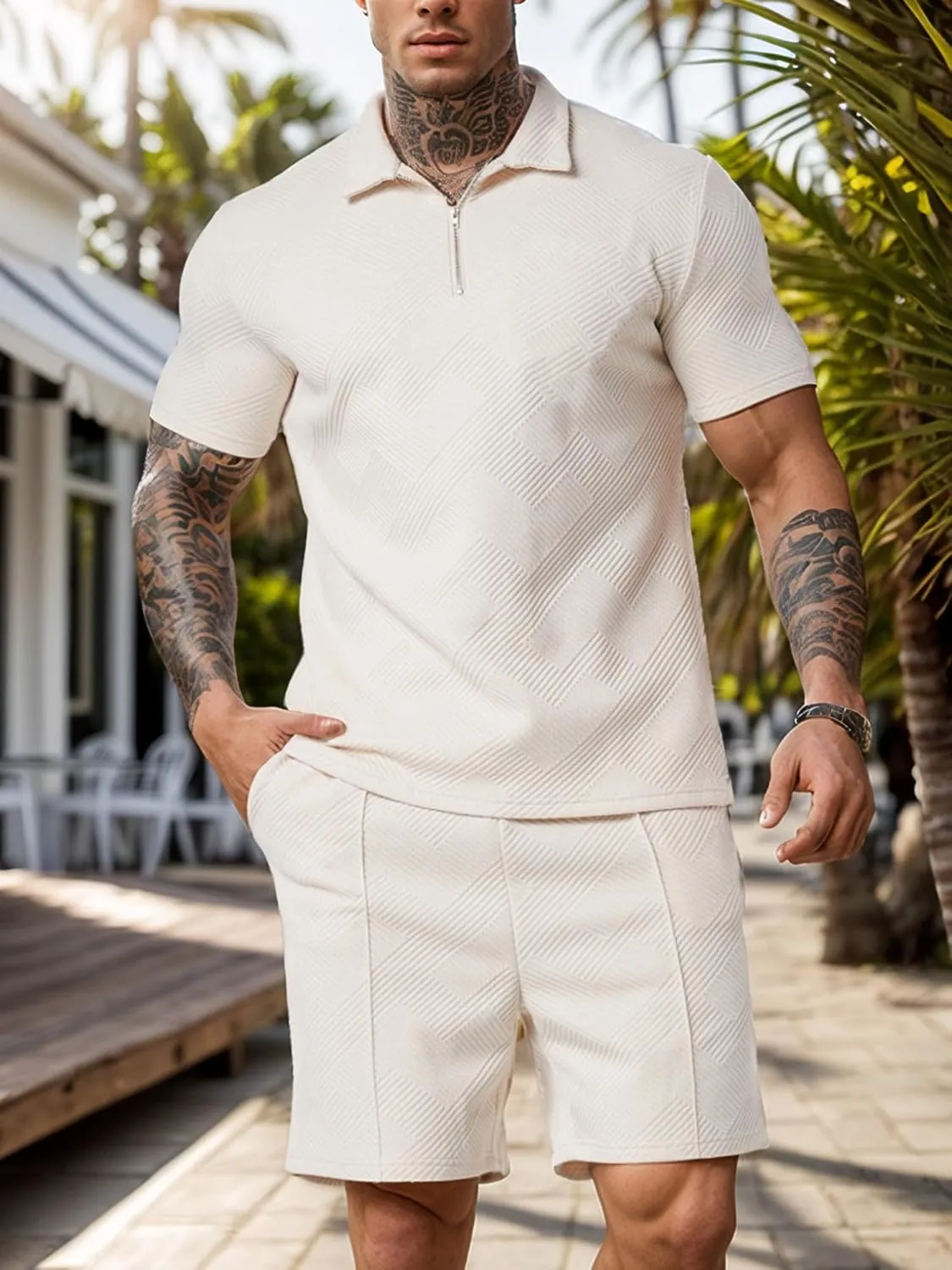 UOUA Mens Summer Track Suits 2 Piece Shorts Sets Short Sleeve Sweatsuit Outfits 1/4 Zip Golf Polo Shirts Loungewear