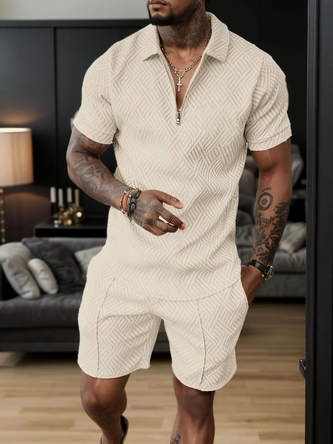 UOUA Mens Summer Track Suits 2 Piece Shorts Sets Short Sleeve Sweatsuit Outfits 1/4 Zip Golf Polo Shirts Loungewear