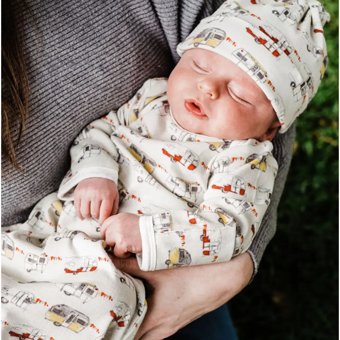 Vintage Trailers Organic Cotton Newborn Gown & Hat Set