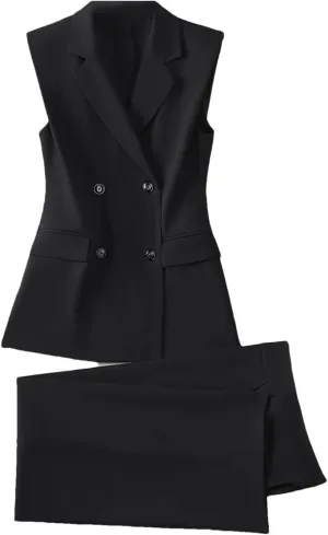 Women 2 Piece Blazer Outfits Sleeveless Blazer Vest Trouser Two Pieces Set Office Work Wear