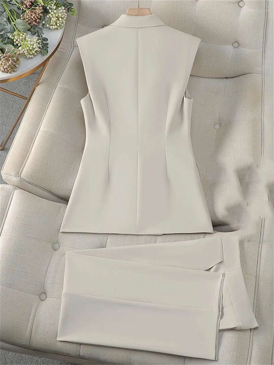 Women 2 Piece Blazer Outfits Sleeveless Blazer Vest Trouser Two Pieces Set Office Work Wear