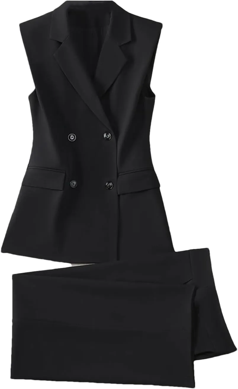 Women 2 Piece Blazer Outfits Sleeveless Blazer Vest Trouser Two Pieces Set Office Work Wear