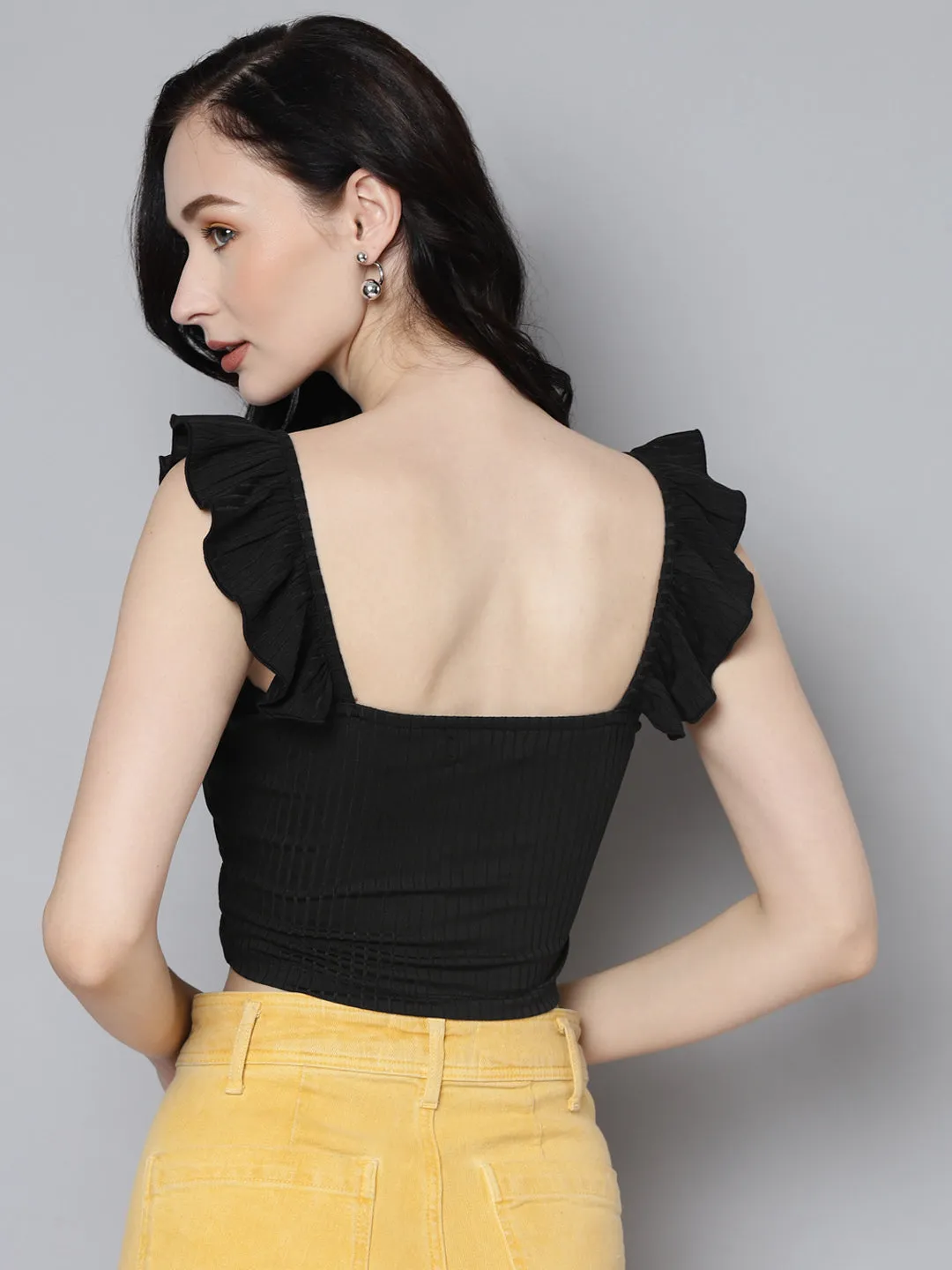 Women Charcoal Rib Sweetheart Neck Crop Top