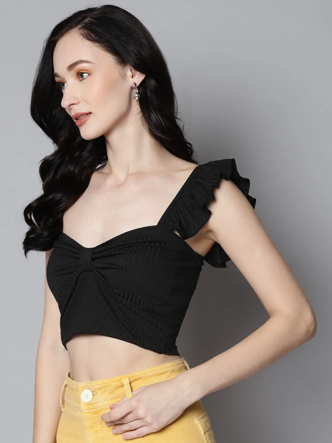 Women Charcoal Rib Sweetheart Neck Crop Top
