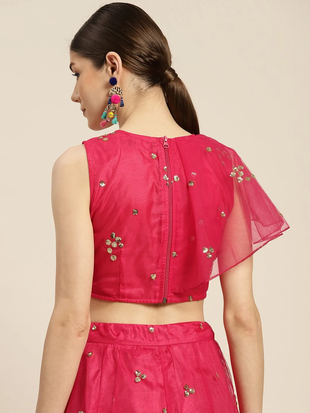 Women Fuchsia Tulle Sequins Ruffle Detail Crop Top