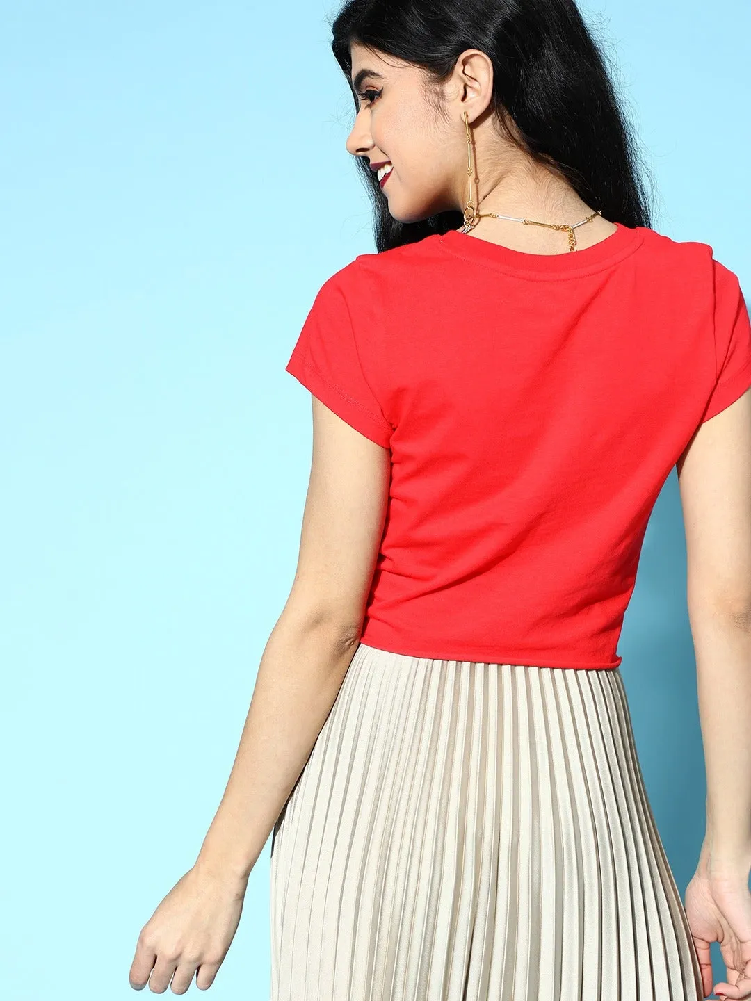 Women Red With Sliver Heart Foil Tie-Knot Crop T-Shirt