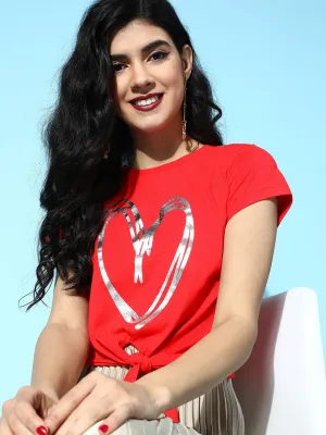 Women Red With Sliver Heart Foil Tie-Knot Crop T-Shirt