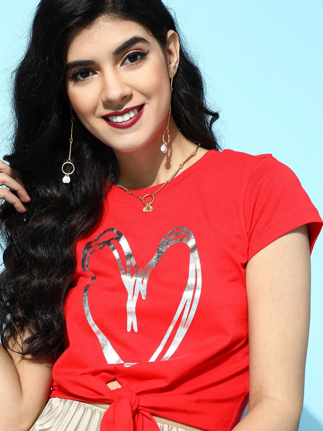 Women Red With Sliver Heart Foil Tie-Knot Crop T-Shirt