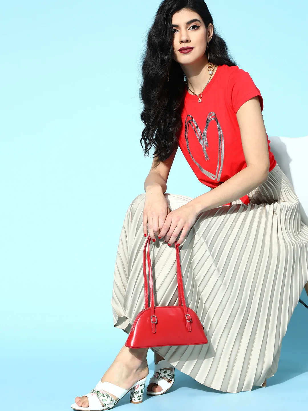Women Red With Sliver Heart Foil Tie-Knot Crop T-Shirt