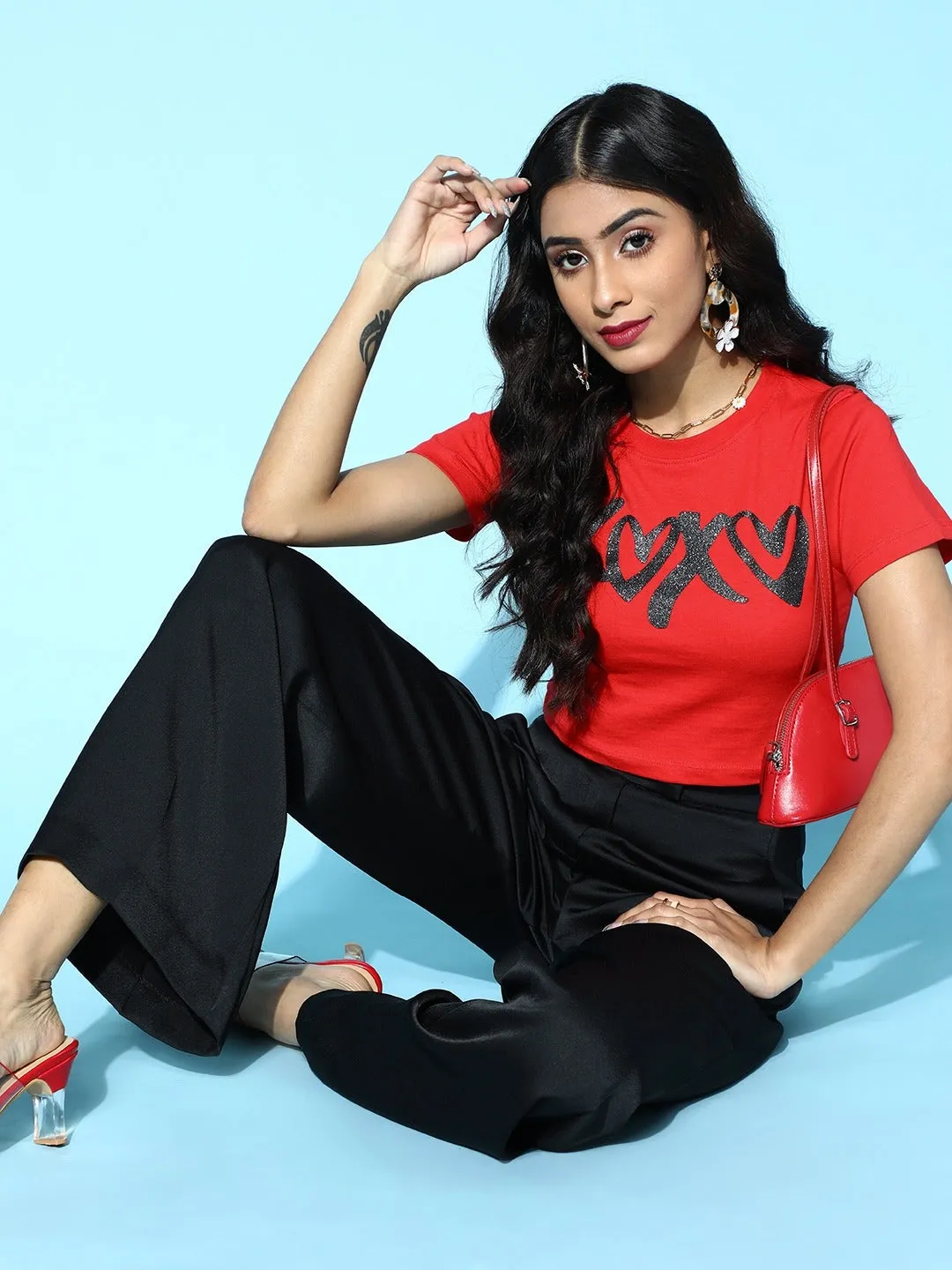 Women Red Xoxo Crop T-Shirt